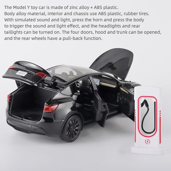 Legetøjsbiler Model Y 1/24 Zink Legering Die-Cast Metal Modelbil, Træk Tilbage Legetøjsmodel med Lys og Musik (Model Y Sort)