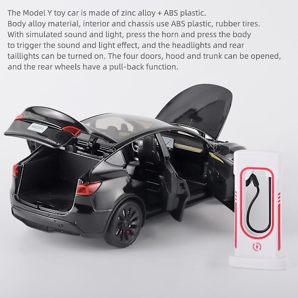 Leikkiauto Model Y 1/24 Sinkkiseos Valettu Metallimalliauto, Vetoauto Malli Valoilla ja Musiikilla (Model Y Musta)