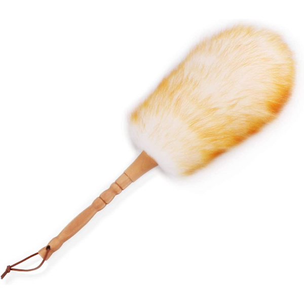 Lammullsdammvippa med Massivt Trähandtag, Läderhängrem, 48 cm Lång, Naturlig Fjäderdammvippa för Rengöring av Takfläktar, Fönsterluckor, Datorer
