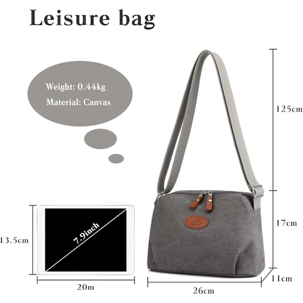 Crossbody-väska för dam, avslappnad axelväska, messengerväska i canvas, damväska lämplig för shopping, resor, daglig användning, grå