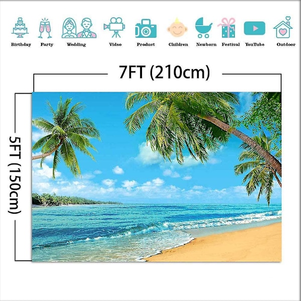 Sommarö-scen Fotobakgrund Strand Hav Palm Hawaii-tema Födelsedagsfest Banner Dekorationer Fotobakgrund Vinyl 7x5ft Fotobås St