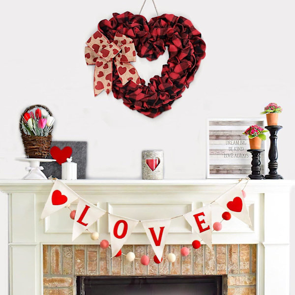 Valentinsdagskrans, 14\" Burlap Buffalo Plaid Hjärtformad Dörrkrans Med Rosett, Valentinsdagsdörrdekoration För Framsidan Valentinsdag Dekorationer
