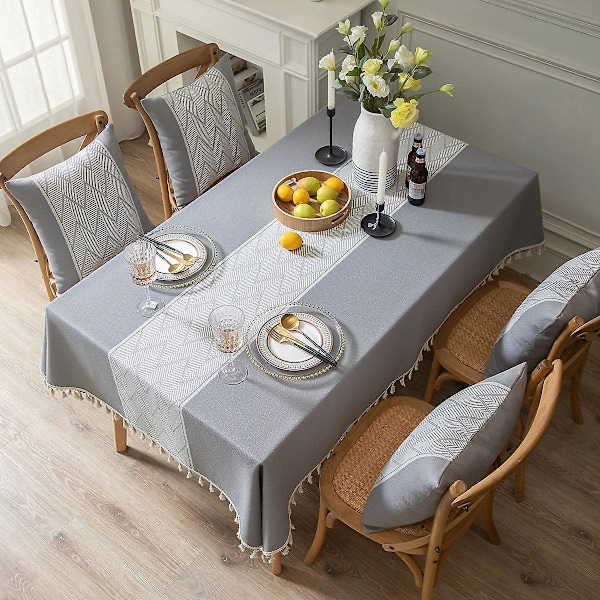 Rektangulär Kvadratisk Duk Stickad Broderi Texturerad Frans Bomullslinne Dekorativ Avlång Bordsskydd för Kök Matrum Picknick (55x102 Tum