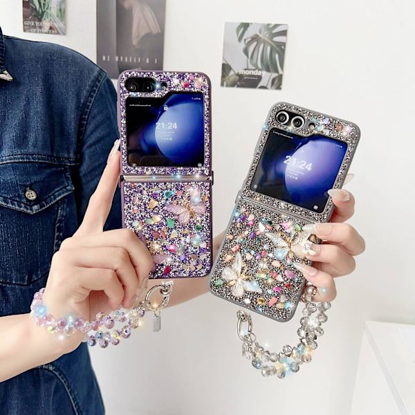 Fodral för Samsung Galaxy Z Flip 6 med armband, lyxigt glittrande strassfjärilsskydd för kvinnor damer flickor