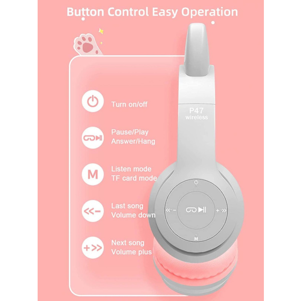 Langattomat lasten kuulokkeet, Bluetooth-mikrofonilla varustetut kuulokkeet, kissan korvat LED-valoilla, lasten kuulokkeet, TF-kortti/langallinen taitettava kuuloke, tytöille ja pojille