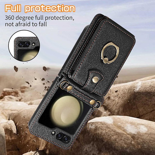 Crossbody Wallet Case til Samsung Galaxy Z Flip 6, Skulderrem Ring Stativ RFID Kreditkort Holder Læderetui