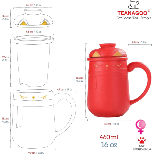 Keramisk katteteinfuserkrus med låg, 460 ml / 16 oz, rød, japansk stor kattekop te