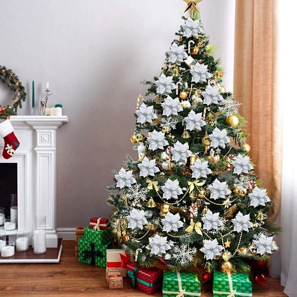 Heyone 12 Pak 8,7 Tommer Juleglitter Poinsettia Kunstige Silkeblomspinde Juletræspynt Til Gyldent Juletræskranse Girlander Ho