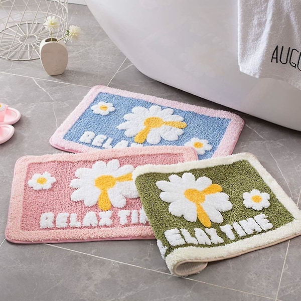 Badmatta Halksäker Super Mysig Matta Daisy Mönster Plysch Matta, Maskintvättbar, Tjock Modern För Badrum Sovrum (16\" X 24\", Grön)