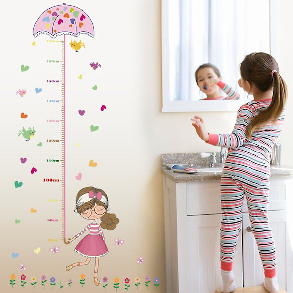 Colorful Flowers Birds Girl Holding Umbrella Height Sticker, Growth Height Chart Measuring Removable Wall Decal, Children Kids Baby Home Room Nursery