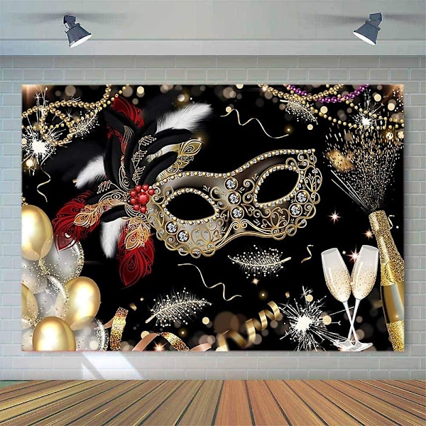 Yq 7x5ft Maskeradfest Fotobakgrund Guld och Svart Mask Fjäder Champagne Fotografi Bakgrund Lyxig Födelsedag Mardi Gras Fotostudio Rekvisita B
