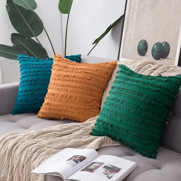Wekity Sæt af 2 Dekorative Boho Pudebetræk Linned Stribet Jacquard Mønster Pudebetræk til Sofa Stue Soveværelse 18x18 Tommer Orange
