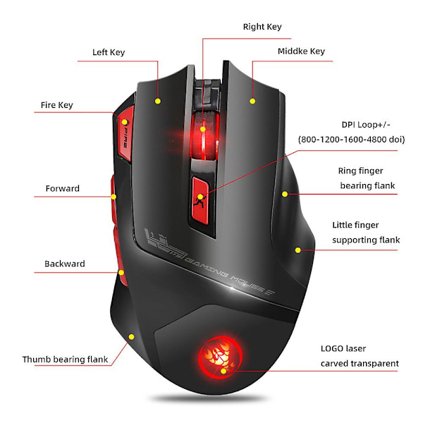 Trådløs mus 2.4GHz ergonomisk design spillmus 7-farget bakgrunnsbelysning design 6-trinns DPI justerbar