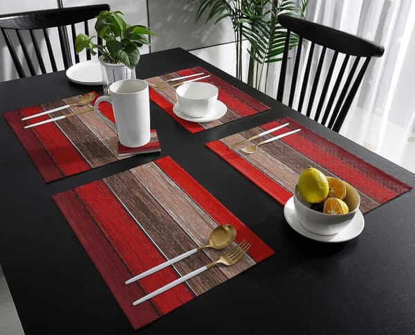 Set med 6 rødbrune juleduker, rustikk låvevedtekstur, retro polyester, flekkbestandig, vaskbare underlag, dekorasjon til bord