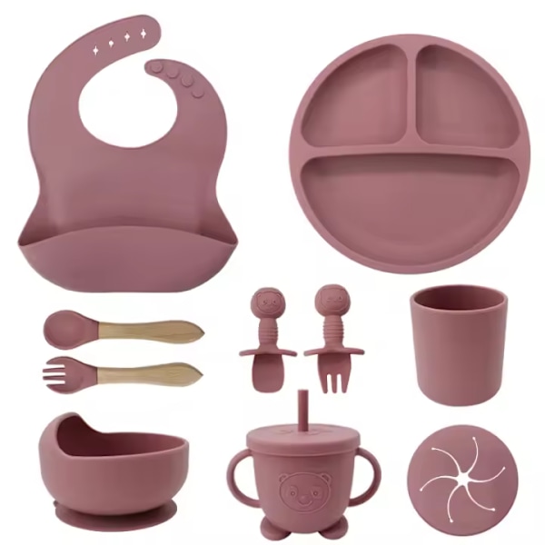 10-delt bestikksett for barn med sugekopp, sugekopptallerken, treskaftgaffel, silikonbabysmekke, silikonbestikksett for babyer 1