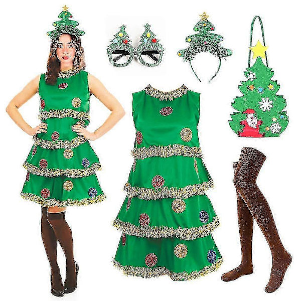 Julgran Kostym 5 delar Kvinnors Julgran Klänning med Väska Hårband Glasögon och Strumpor Cosplay Outfit för Vuxen