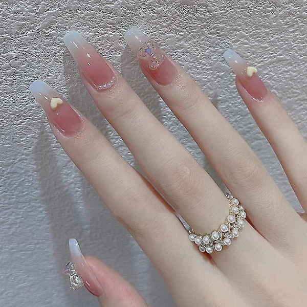 24 stk Perle Gele Kunstige Negl, Søte 3D Aurora Krystall Bjørn Hjerte Trykk På Negl Bling Blank Gradert Rosa Falsk Negl Kjærlighet Dating Fingertupper
