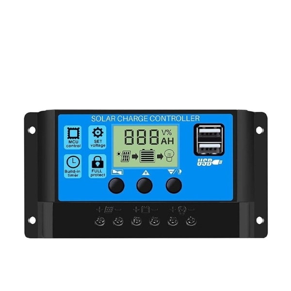 Solpanel Oplader 30A 20A 10A Controller 12V/24V LCD Regulator Dobbelt USB 30A