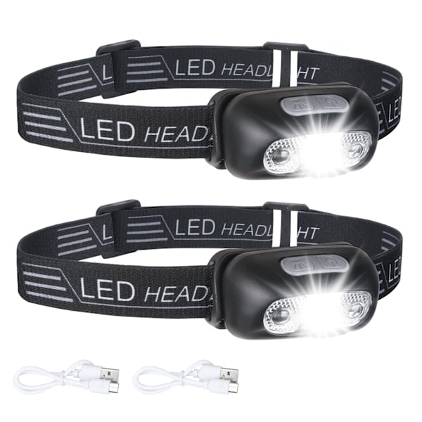 2-pack USB-uppladdningsbar pannlampa, IPX6 vattentät, ultralätt och superljusstark 160 Lumen LED-pannlampa med rörelsesensor och rött ljus