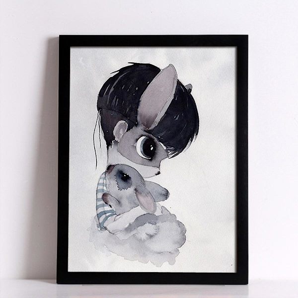 Wekity Kanin Pige og Dreng Væghængt Canvas Print Poster, Simpel Sød Akvarel Kunsttegning Dekoration til Hjemmet Stue Soveværelse Kontor og Børneværelse