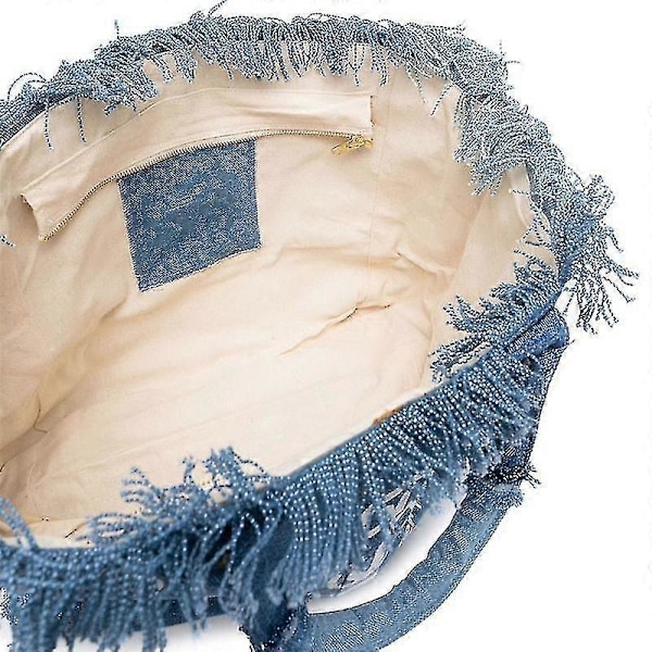 Fsw Stor Strandtaske Med Håndlavet Kvast, Modetrykt Denim Tote Bag_