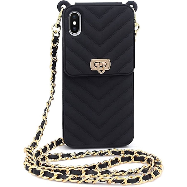 IPhone XS Max wallet phone case with neck and messenger chain credit card slot girl women's Silicone shockproof phone caseBlack