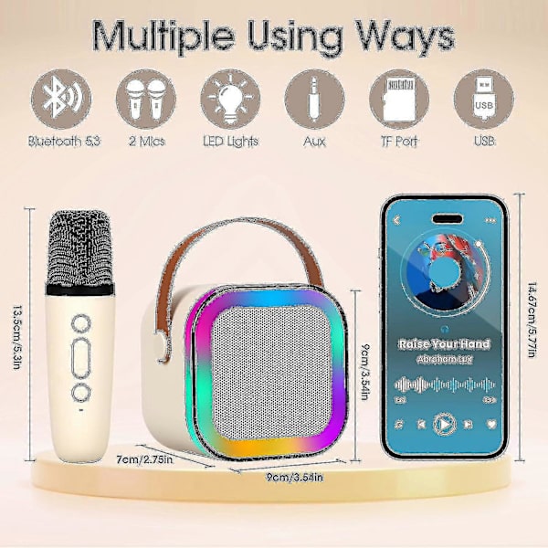 Karaokemaskin för barn och vuxna, mini bärbar Bluetooth-karaokespeaker med 2 trådlösa mikrofoner och dynamiska lampor, hem-KTV, utomhus, resor (beige
