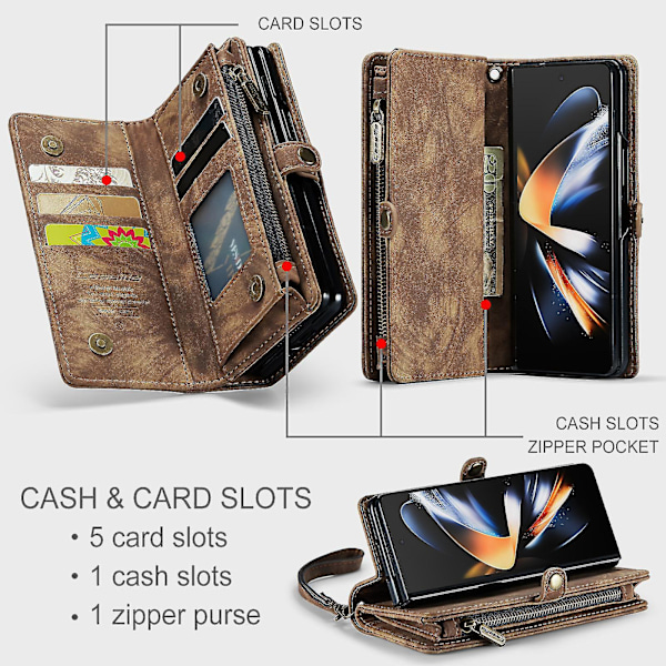 Korthållare med blixtlås för Samsung Galaxy Z Fold 4, PU-läderfodral med korthållare & handledsrem
