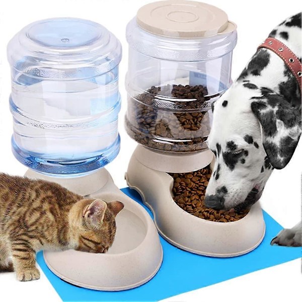 Kibble and Water Dispenser, Automatic Water Fountain, Automatic Drinker and Feeder for Cats/Dogs/Pets 3.8L x 2Pieces and Feeding Mat