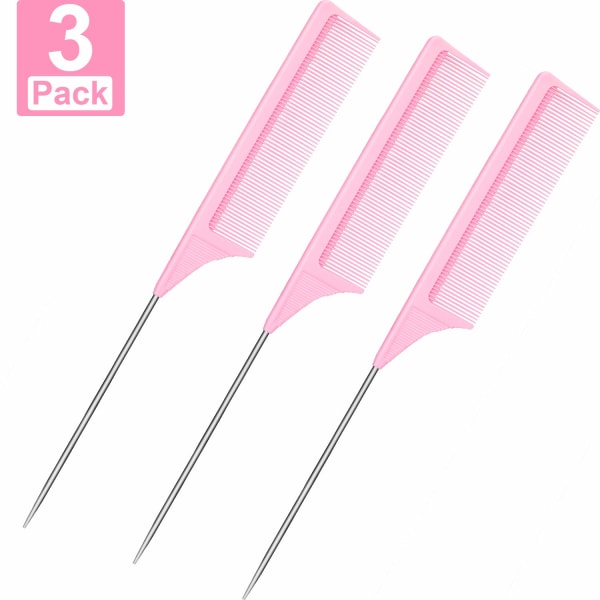 3 Packs Rat Tail Comb Steel Pin Rat Tail Carbon Fiber Heat Resistant Teasing Combs with Stainless Steel Pintail (Pink) 23 x 2.8 cm/ 9 x 1.1 inch