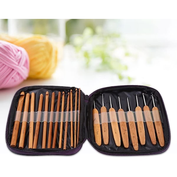 Bambuhandtag Häklnålar Sticka Väva Garn Hantverk Sticknålar, 20 St Bambu Häklnålar Set Med Lila Väska