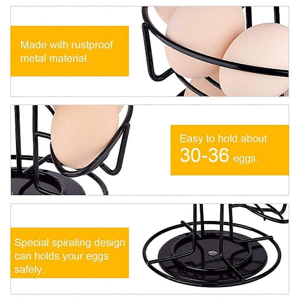 Äggdispenser, äggspiral i rostfritt stål, spiraldesign, äggställ för förvaring av ca 30-36 ägg, svart