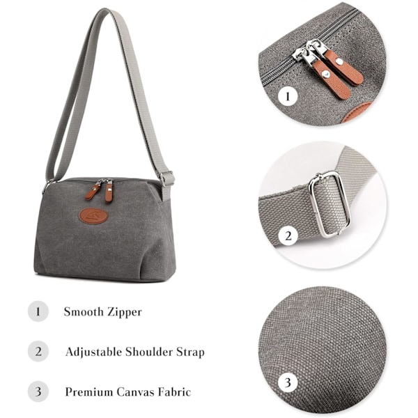Crossbody-väska för dam, avslappnad axelväska, messengerväska i canvas, damväska lämplig för shopping, resor, daglig användning, grå