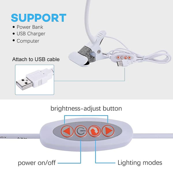 Kexin Fleksibel USB-klipsbordlampe med 3 lysmoduser for lesing