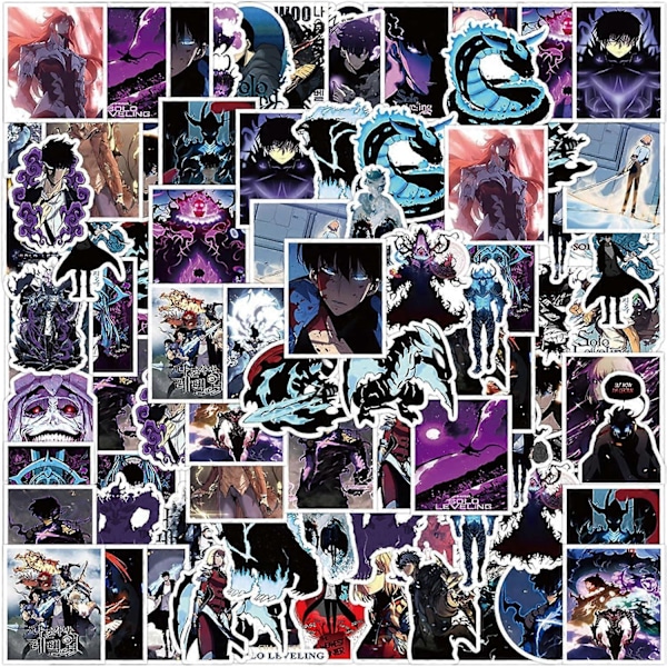 50 stk Solo Leveling Manga Klistremerker for Tenåringer Bærbar PC, Kule Japanske Anime Vinyl Graffiti Dekaler for Gutter Skateboard Sykkel Bil Vannflasker