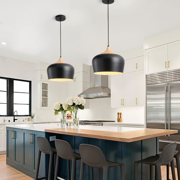 Svart ljuskrona modern med metallskärm i träfinish, enkel och snygg takkrona  med kupol för kök, vardagsrum, matsal 7bd3 | Fyndiq