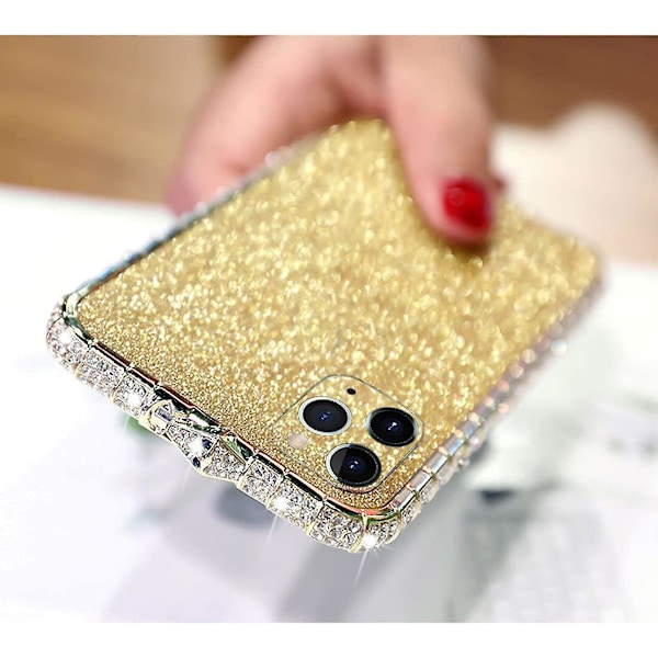 Diamond Rhinestone-fodral för iPhone 13 Pro Max för kvinnor med glänsande pläterad metallram (Guld)
