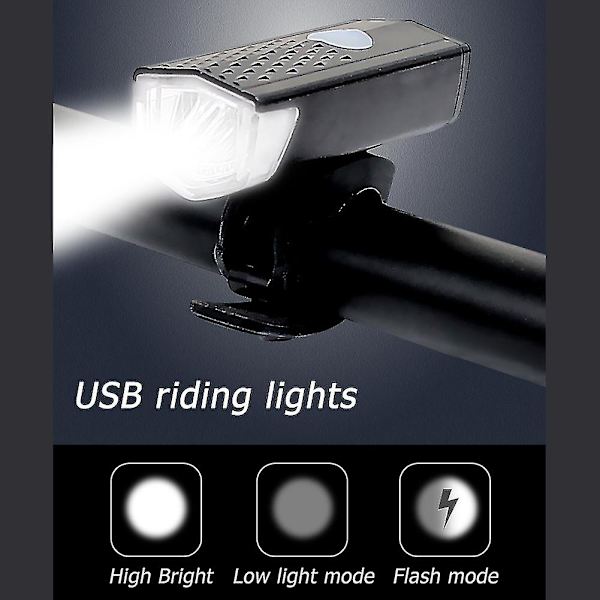 USB-opladelig LED-cykelforlygte Forlygte Baglygte Vandtæt Cykellygte Baglygte Sæt Lys Til Cykel 3 Lystilstande