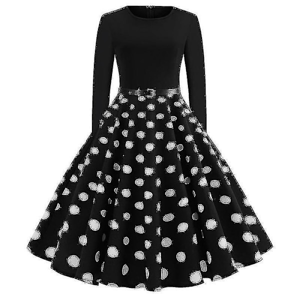 Kvinna Retro 50-tal 60-tal Långärmad Cocktail Party Rundhalsad Polka Dot Rockabilly Klänning