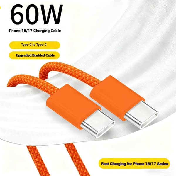 2-meter opladerkabel — Kompatibel med Samsung og iPhone 17 Pro Max, hurtig opladning, USB-C til USB-C interface. Orange