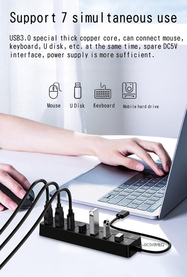 7-ports High-speed Usb3.0 Hub med Uafhængig Switch Usb Forlænger Computer Hub Splitter
