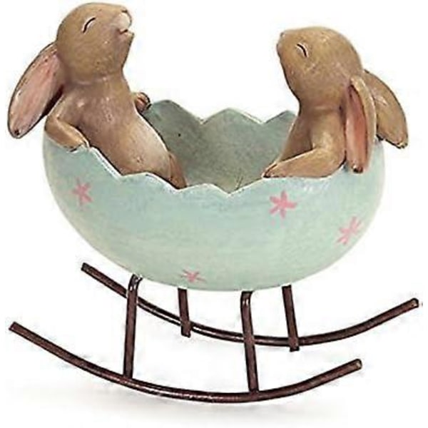 Skrattande Kaninfigurer som Gungar i en Påskäggvagga - Vintage Rustik Landlig Kaninfigur Staty (Kaniner i en
