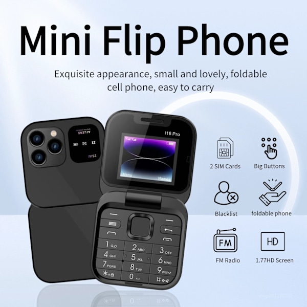 Mini Flip FM Radio Stemmehurtigvalg Vibration 2 SIM-kort Lille Skærm Foldbar (SORT)