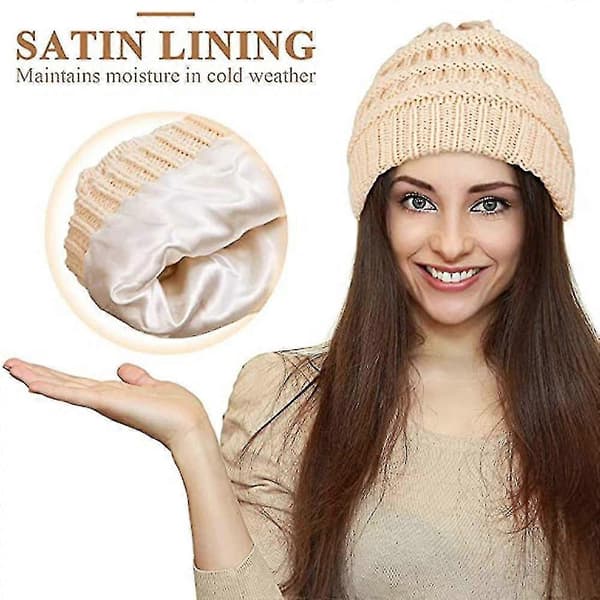 Vintervarm mössa i twill för kvinnor, stickad med ribbstickning, tjock (vit)