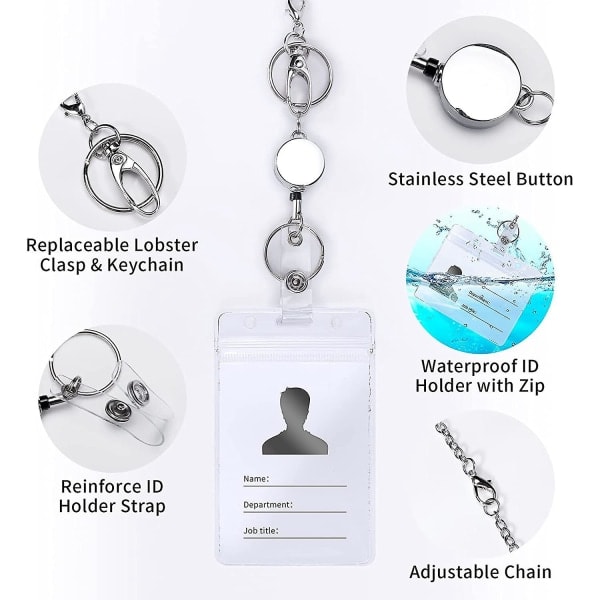3 Stycken Infällbara Badge Reel Nyckelband med Visitkortshållare för Pärlhalsband, Nyckelband Halsband