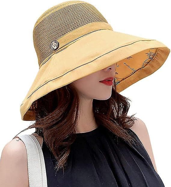 Solhatt i Mesh for Kvinner, Sommerstrand, UV-Beskyttelse, UPF, Pakkbar, Bred Bremm, Hakestropp