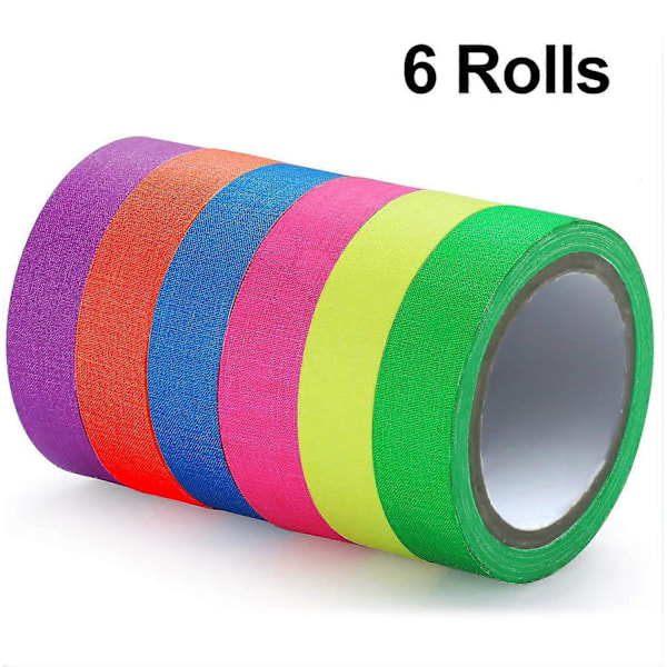 6 Ruller Fluorescerende Klæbebånd, Lysende Neon Gaffer Tape, Selvklæbende UV Sortlys Reaktiv Spike Tape Gløder i Mørket