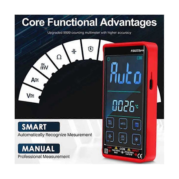 Smart Touch Screen Digital Multimeter DC/AC 10A Multimetor Transistor 9999 Counts True Rmsauto Range FS8233PRO