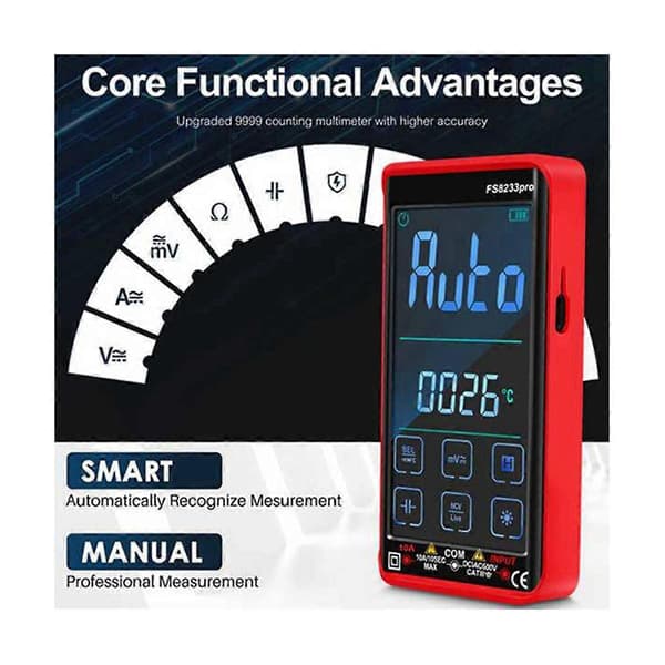 Smart Touchscreen Digital Multimeter DC/AC 10A Multimeter Transistor 9999 Counts True Rmsauto Range FS8233PRO