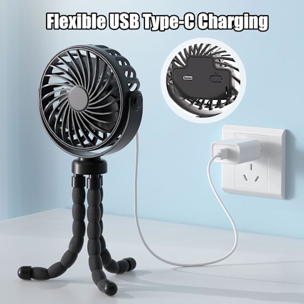 Barnvagn Fläkt, 3 Hastigheter 360° Rotation Mini Portabel Fläkt, Uppladdningsbar Batteridriven Fläkt, Handhållen Fläkt med Flexibelt Stativ, Mini Personlig...